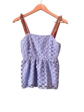 Waverly Grey Blue Lace Tank Peplum Top Colored Fringe Straps Sz XS Boho